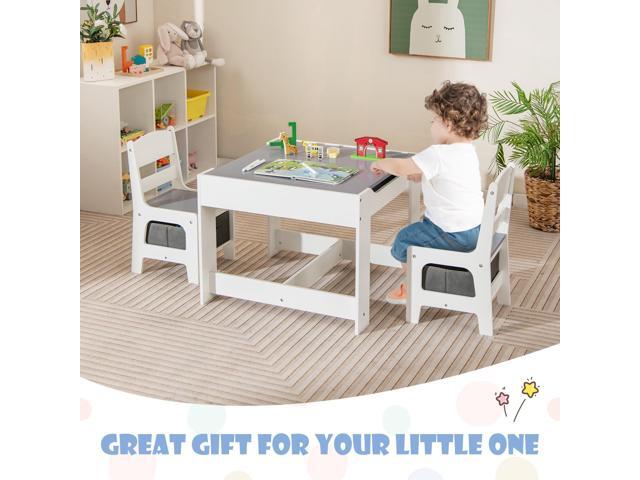 GLACER Kids Table and Chairs, 3 in 1 Wooden Activity Table with Storage, Reversible Tabletop, Chalkboard for Crafts, Drawing, Reading, Toddler...