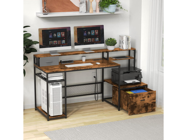 Home Office Desks with Drawers, 66'' Computer Desk with Storage, Office Desk with Monitor Stand, Work Desk with Outlets and USB, Gaming Table Desk...