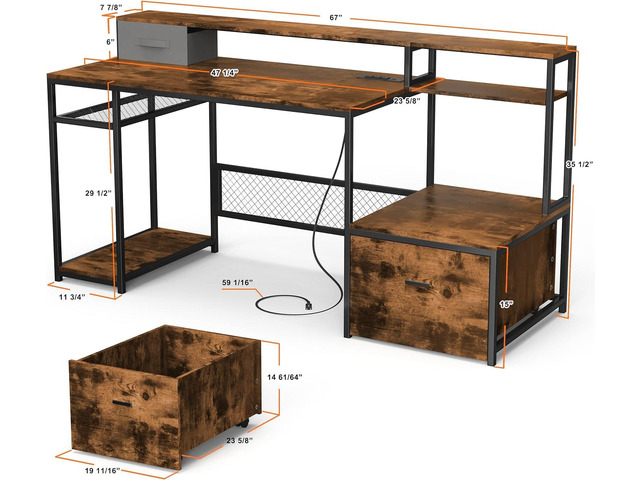 Home Office Desks with Drawers, 66'' Computer Desk with Storage, Office Desk with Monitor Stand, Work Desk with Outlets and USB, Gaming Table Desk...