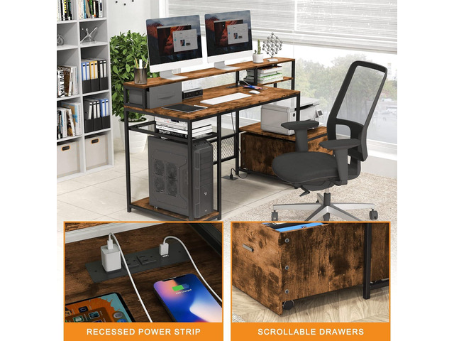 Home Office Desks with Drawers, 66'' Computer Desk with Storage, Office Desk with Monitor Stand, Work Desk with Outlets and USB, Gaming Table Desk...