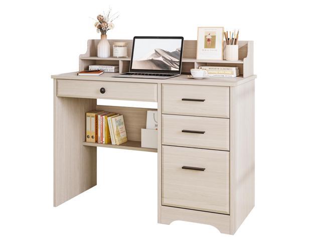 Small Desk with 4 Drawers, Computer Desk with Storage & Monitor Stand for Small Space, Office Desk with File Drawers & Shelve for Bedroom, Wood...
