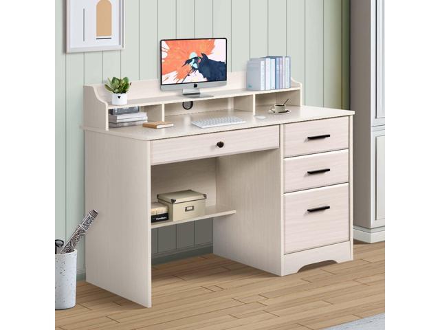Small Desk with 4 Drawers, Computer Desk with Storage & Monitor Stand for Small Space, Office Desk with File Drawers & Shelve for Bedroom, Wood...