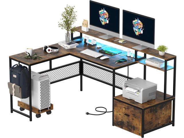 L Shaped Desk with Drawers, 66' Home Office Desk with Power Outlet and Led Strip, Reversible Computer Desk with Storage Shelves & Monitor Stand,...