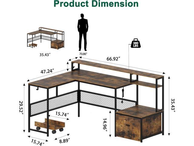 L Shaped Desk with Drawers, 66' Home Office Desk with Power Outlet and Led Strip, Reversible Computer Desk with Storage Shelves & Monitor Stand,...