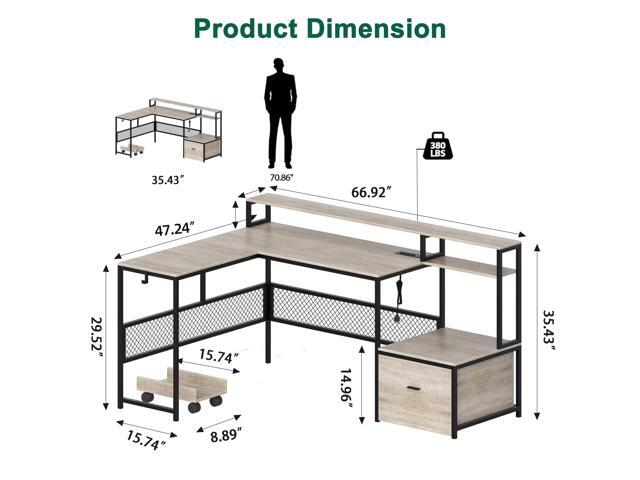 L Shaped Desk with Drawers, 66' Home Office Desk with Power Outlet and Led Strip, Computer Desk with Storage Shelves & Monitor Stand, Large Corner...