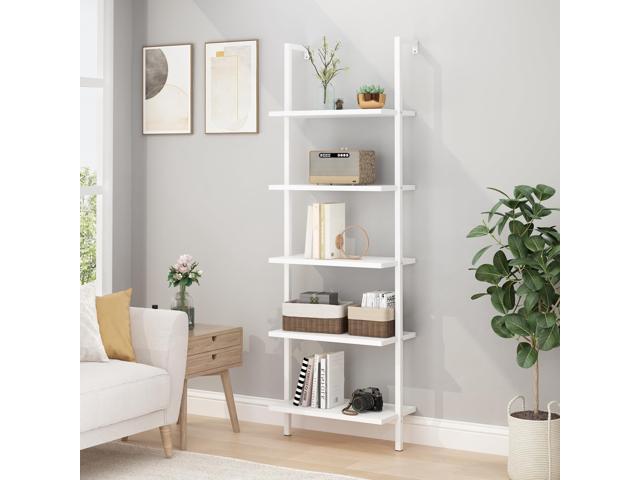 5-Tier White Tall Narrow Bookshelf Ladder, 5 Wooden Ladder Bookshelf Boards, Book Shelf, Stand Shelf, Wall Shelf, 23.6' L X 11.8' W X 70.9' H