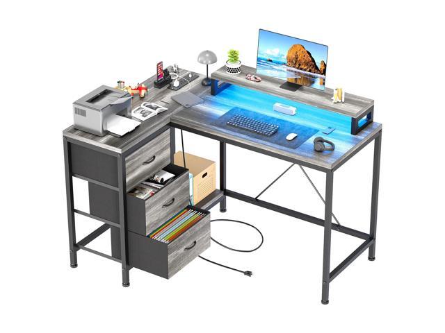 L Shaped Desk with Power Outlets & LED Lights, Computer Desk with Drawers & Shelves, Corner Desk Gaming Desk Home Office Desk, Oak