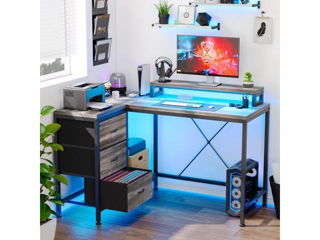 L Shaped Desk with Power Outlets & LED Lights, Computer Desk with Drawers & Shelves, Corner Desk Gaming Desk Home Office Desk, Oak