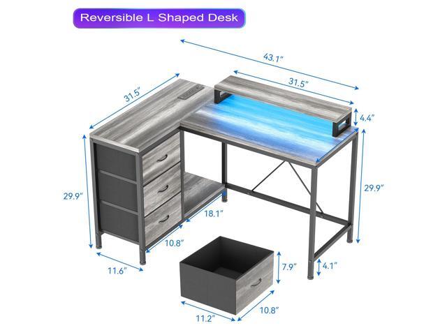 L Shaped Desk with Power Outlets & LED Lights, Computer Desk with Drawers & Shelves, Corner Desk Gaming Desk Home Office Desk, Oak