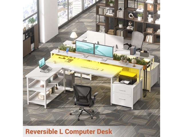 Aheaplus L Shaped Desk with File Drawer, 72.8' Reversible L Shaped Computer Desk with Power Outlet & LED Strip, Gaming Desk with Long Monitor...