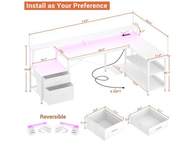 Aheaplus L Shaped Desk with File Drawer, 72.8' Reversible L Shaped Computer Desk with Power Outlet & LED Strip, Gaming Desk with Long Monitor...
