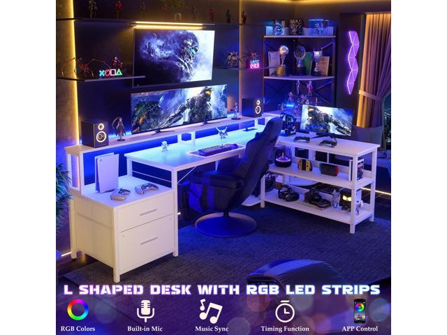 Aheaplus L Shaped Desk with File Drawer, 72.8' Reversible L Shaped Computer Desk with Power Outlet & LED Strip, Gaming Desk with Long Monitor...