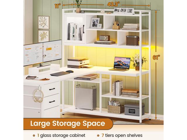 SEDETA L Shaped Computer Desk, 58'' Office Desk with 3 Drawers and Bookshelf, L Shaped Corner Desk with Storage Shelves and LED Light for Home...