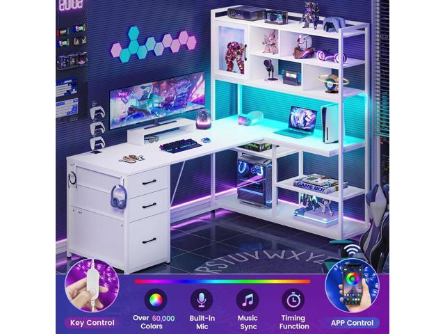 SEDETA L Shaped Computer Desk, 58'' Office Desk with 3 Drawers and Bookshelf, L Shaped Corner Desk with Storage Shelves and LED Light for Home...
