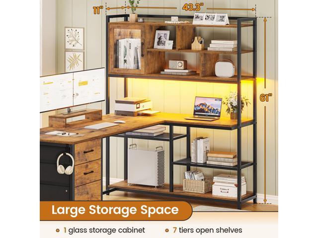 SEDETA L Shaped Computer Desk, 58'' Office Desk with 3 Drawers and Bookshelf, L Shaped Corner Desk with Storage Shelves and LED Light for Home...