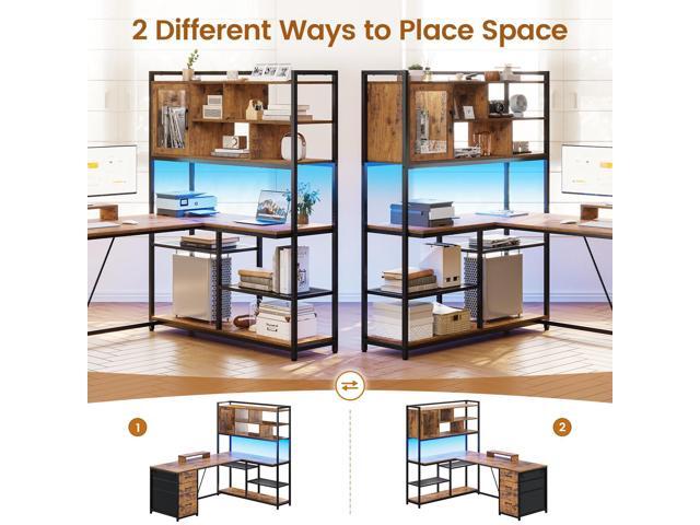 SEDETA L Shaped Computer Desk, 58'' Office Desk with 3 Drawers and Bookshelf, L Shaped Corner Desk with Storage Shelves and LED Light for Home...