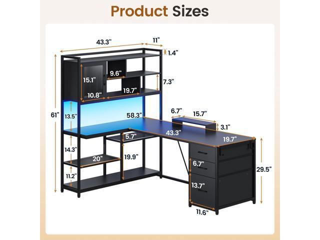 SEDETA L Shaped Computer Desk, 58'' Office Desk with 3 Drawers and Bookshelf, L Shaped Corner Desk with Storage Shelves and LED Light for Home...