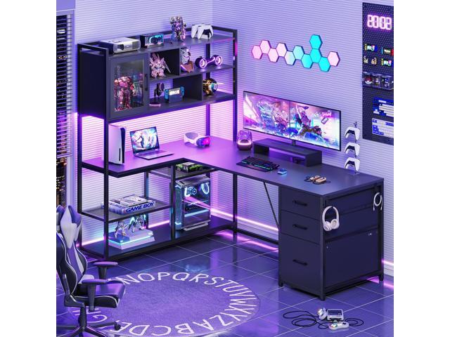 SEDETA L Shaped Computer Desk, 58'' Office Desk with 3 Drawers and Bookshelf, L Shaped Corner Desk with Storage Shelves and LED Light for Home...