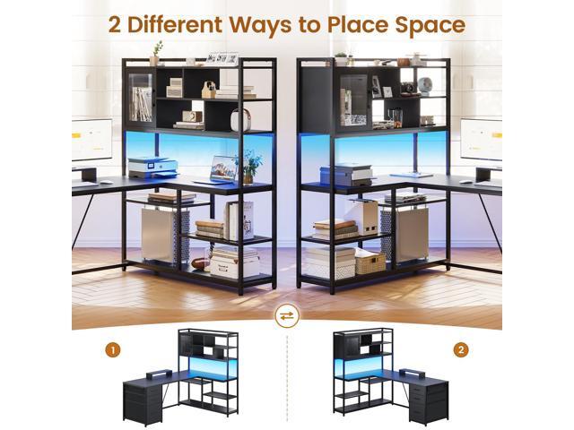 SEDETA L Shaped Computer Desk, 58'' Office Desk with 3 Drawers and Bookshelf, L Shaped Corner Desk with Storage Shelves and LED Light for Home...