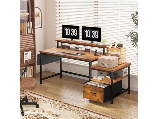 EnHomee 57' Office Desk with Drawers and Printer Space,Computer Desk with Power Outlets,Home Office Desks with File Drawers Cabinet,Study and...