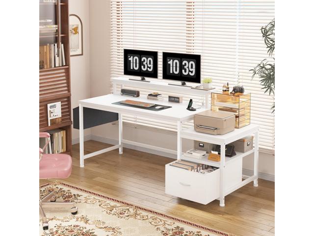 EnHomee 57' Office Desk with Drawers and Printer Space,Computer Desk with Power Outlets,Home Office Desks with File Drawers Cabinet,Study Writing...