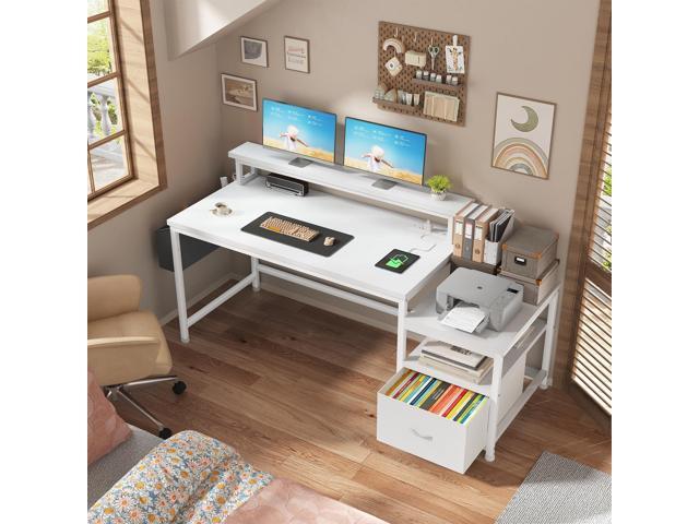 EnHomee 57' Office Desk with Drawers and Printer Space,Computer Desk with Power Outlets,Home Office Desks with File Drawers Cabinet,Study Writing...
