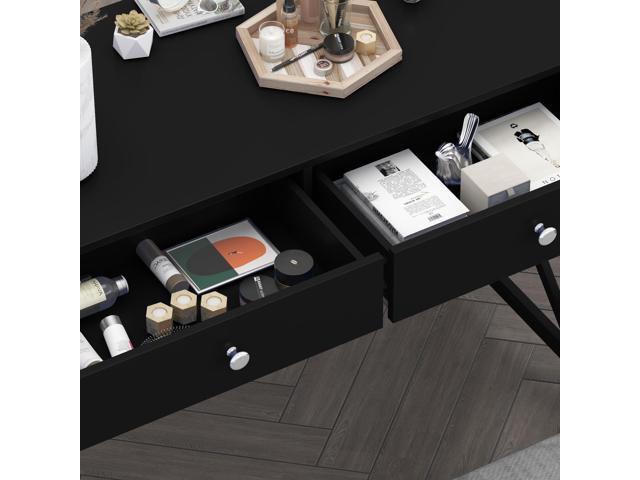 WiberWi Home Office Desk with Drawers, Black Modern Writing Computer Desk, Small Makeup Vanity Table for Bedroom, Study Table for Home Office