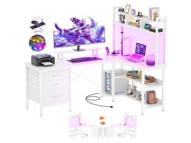 Aheaplus L Shaped Gaming Desk with Hutch, Gaming Desk with Led Lights, Reversible Computer Desk with Power Outlet, Corner Desk with File Drawer &...