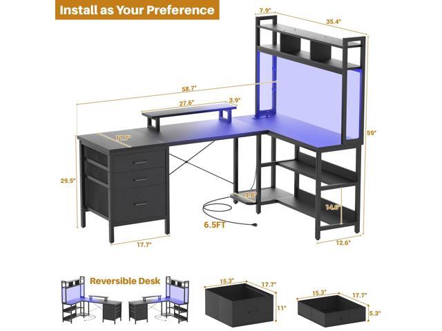 Aheaplus L Shaped Desk with Hutch, Gaming Desk with Led Lights, Reversible Computer Desk with Power Outlet, Corner Desk with File Drawer & Monitor...
