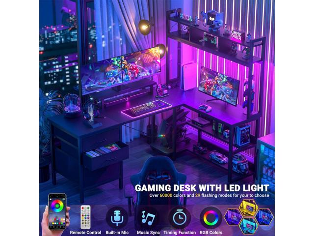 Aheaplus L Shaped Desk with Hutch, Gaming Desk with Led Lights, Reversible Computer Desk with Power Outlet, Corner Desk with File Drawer & Monitor...
