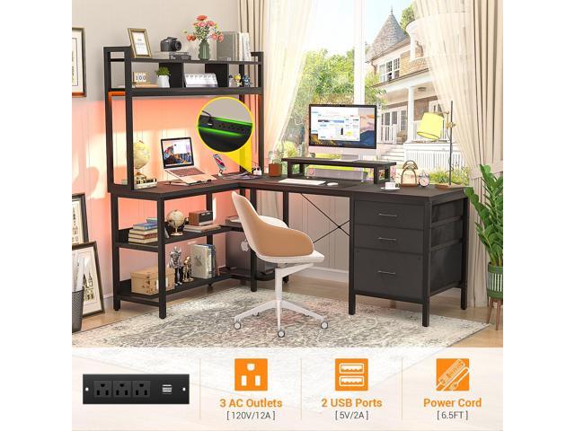Aheaplus L Shaped Desk with Hutch, Gaming Desk with Led Lights, Reversible Computer Desk with Power Outlet, Corner Desk with File Drawer & Monitor...