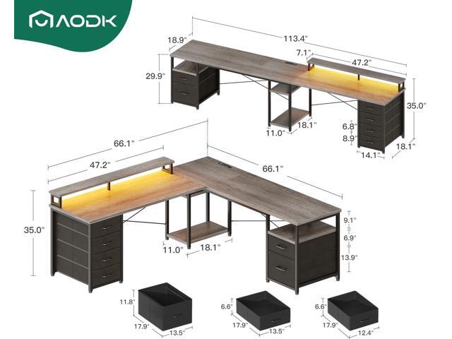 AODK 66' L Shaped Desk, 113' Computer Desk with File Cabinet & 4 Fabric Drawers, Home Office Desk with Monitor Shelf & Power Outlet, Two Person...