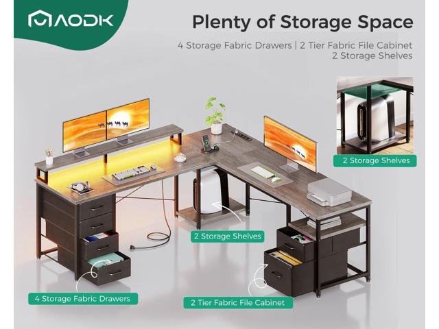 AODK 66' L Shaped Desk, 113' Computer Desk with File Cabinet & 4 Fabric Drawers, Home Office Desk with Monitor Shelf & Power Outlet, Two Person...