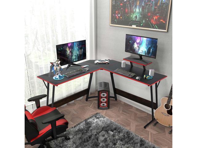 L Shaped Gaming Desk Modern Computer Desk, Home Office Desks with Large Monitor Riser Stand, Sturdy PC Desk for Bedroom Minimalist Black 50Inch