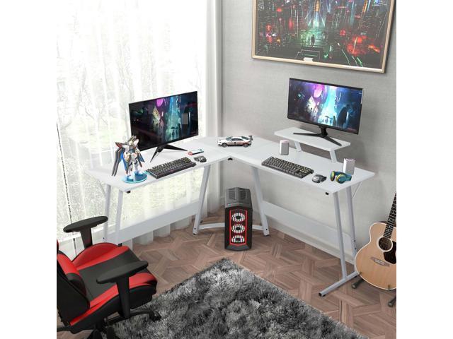 L Shaped Gaming Desk, Modern Computer Desk, Home Office Desks with Large Monitor Riser Stand, Sturdy PC Desk for Bedroom Minimalist White 50Inch