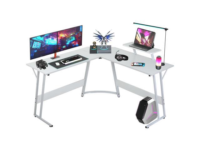 L Shaped Gaming Desk, Modern Computer Desk, Home Office Desks with Large Monitor Riser Stand, Sturdy PC Desk for Bedroom Minimalist White 50Inch