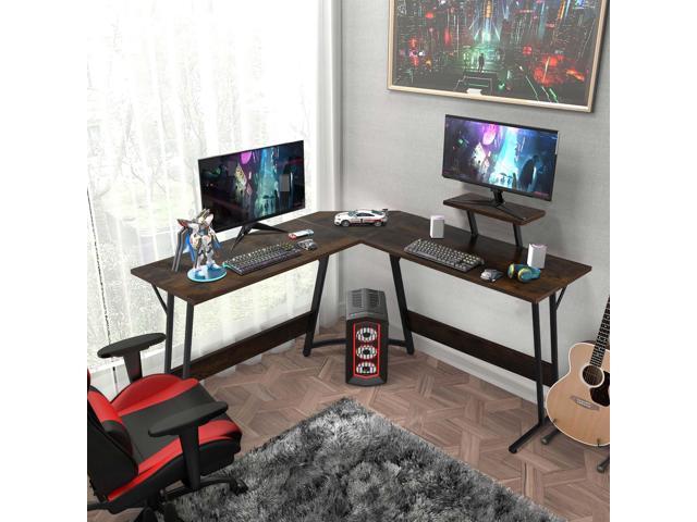 L Shaped Gaming Desk Modern Computer Desk, Home Office Desks with Large Monitor Riser Stand, Sturdy PC Desk for Bedroom Minimalist Brown 50Inch