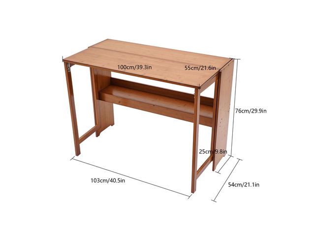 Folding Computer Desk with Bookshelf Bamboo Portable Foldable Table for Writing, Studying, Gaming Folding Desk for Student Office