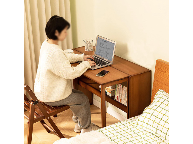 Folding Computer Desk with Bookshelf Bamboo Portable Foldable Table for Writing, Studying, Gaming Folding Desk for Student Office