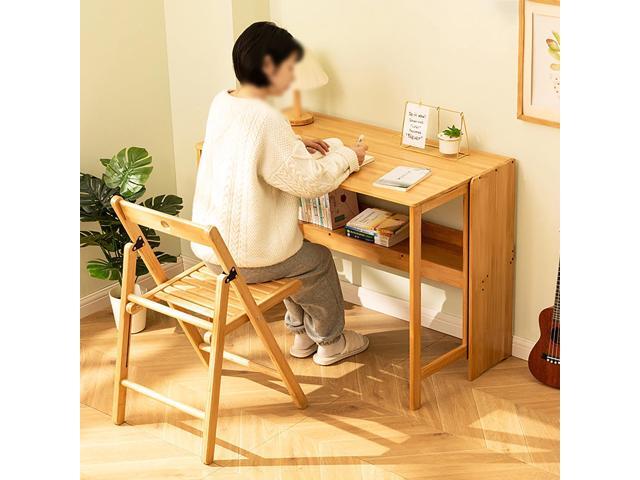 Folding Computer Desk with Bookshelf Bamboo Portable Foldable Table for Writing, Studying, Gaming Folding Desk for Student Office