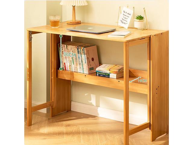 Folding Computer Desk with Bookshelf Bamboo Portable Foldable Table for Writing, Studying, Gaming Folding Desk for Student Office