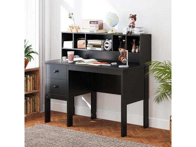 Tangkula Black Desk with Drawers & Hutch, Modern Home Office Desk with Power Outlets, USB Ports & Type-C, Writing Study Desk with 5-Cubby Hutch,...