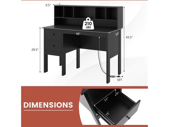 Tangkula Black Desk with Drawers & Hutch, Modern Home Office Desk with Power Outlets, USB Ports & Type-C, Writing Study Desk with 5-Cubby Hutch,...