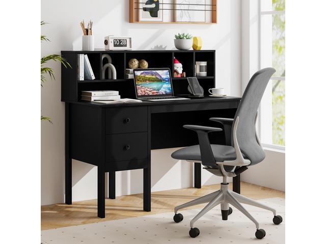 Tangkula Black Desk with Drawers & Hutch, Modern Home Office Desk with Power Outlets, USB Ports & Type-C, Writing Study Desk with 5-Cubby Hutch,...
