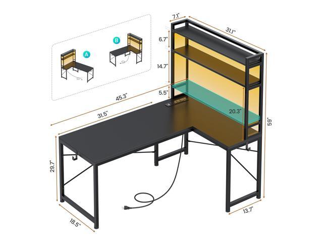 SEDETA L Shaped Gaming Desk, Reversible 45.3 Small Corner Desk with Power Outlet and LED Lights, Corner Gaming Desk with Storage Shelves, Hooks for...