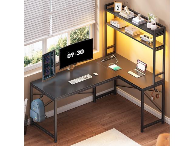 SEDETA L Shaped Gaming Desk, Reversible 45.3 Small Corner Desk with Power Outlet and LED Lights, Corner Gaming Desk with Storage Shelves, Hooks for...