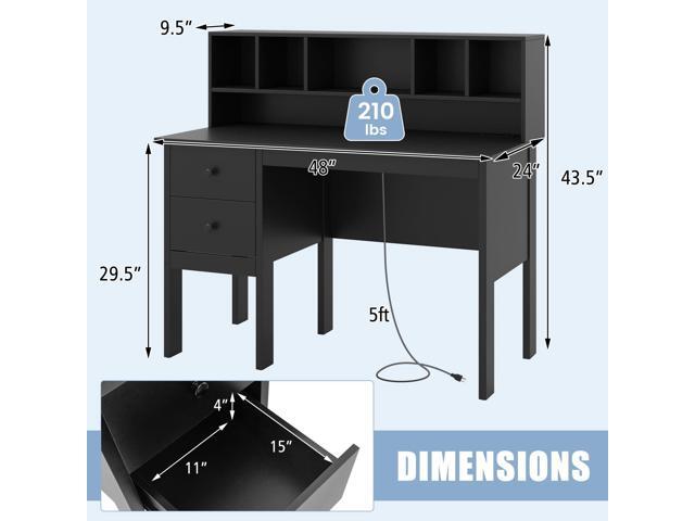 COSTWAY Writing Desk with USB Charging Ports & Power Outlets, 48' Computer Desk with Drawers & 5-Cubby Hutch, Study Table Computer Work Station for...