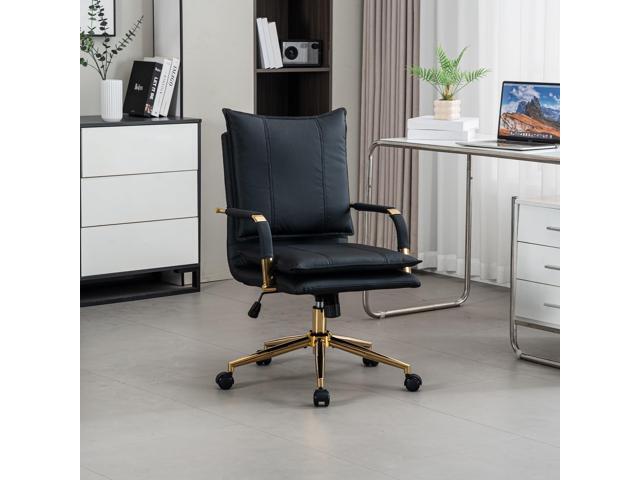 Leather Home Office Desk Chairs Comfy Office Chair, Mid-Back Adjustable Swivel Computer Chair with Golden Legs and Arms, Modern Upholstered Task...