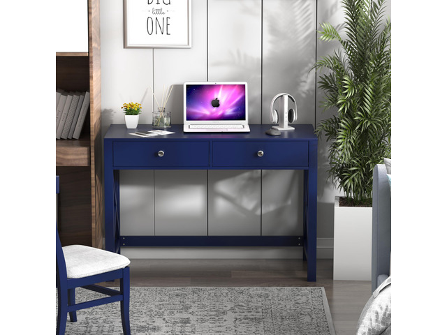 WiberWi Home Office Desk with Drawers, Modern Writing Computer Desk for Bedroom, Small Navy Makeup Vanity Table Study Table