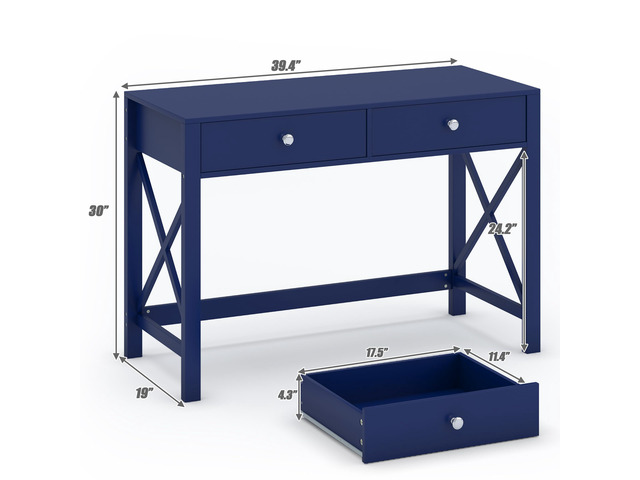 WiberWi Home Office Desk with Drawers, Modern Writing Computer Desk for Bedroom, Small Navy Makeup Vanity Table Study Table